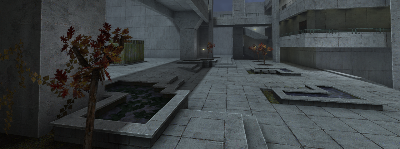 From qbj3_chaosed0: A screenshot from the air of a large courtyard with a few red-leaved trees.