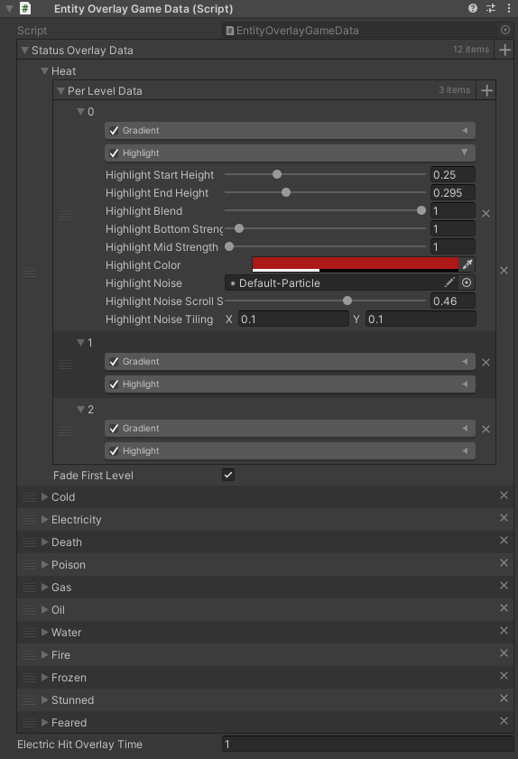 An image of the Unity editor showing the game data setup for the entity overlays.