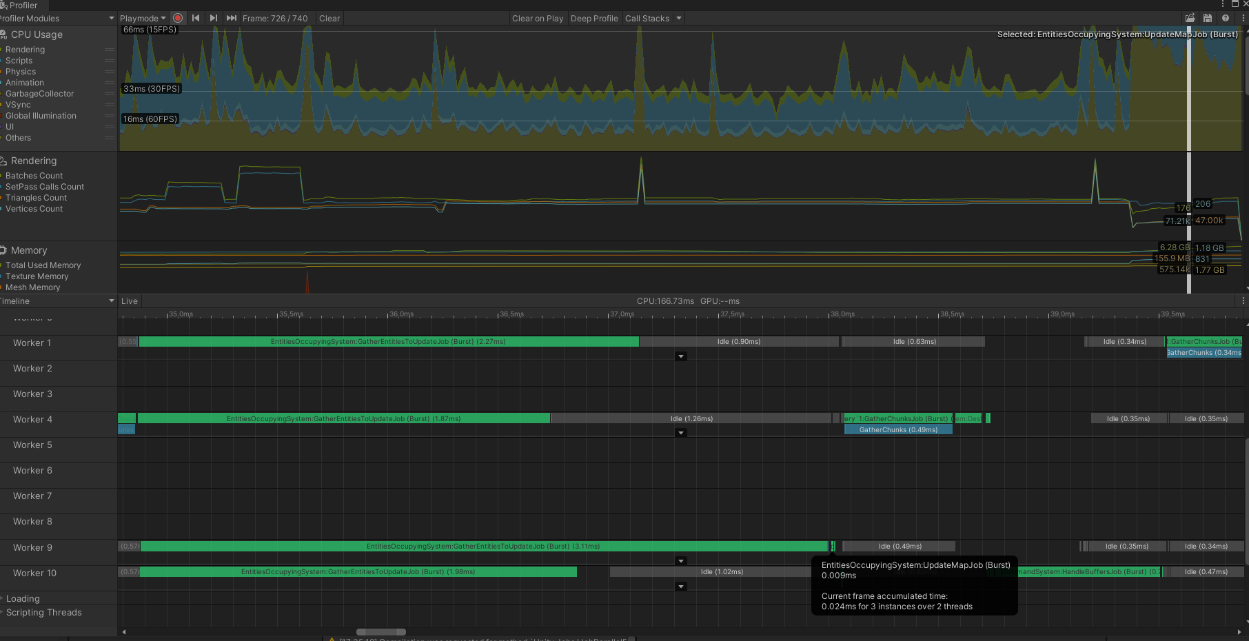 An image of the Unity Profiler window showing a job that is running across multiple threads.
