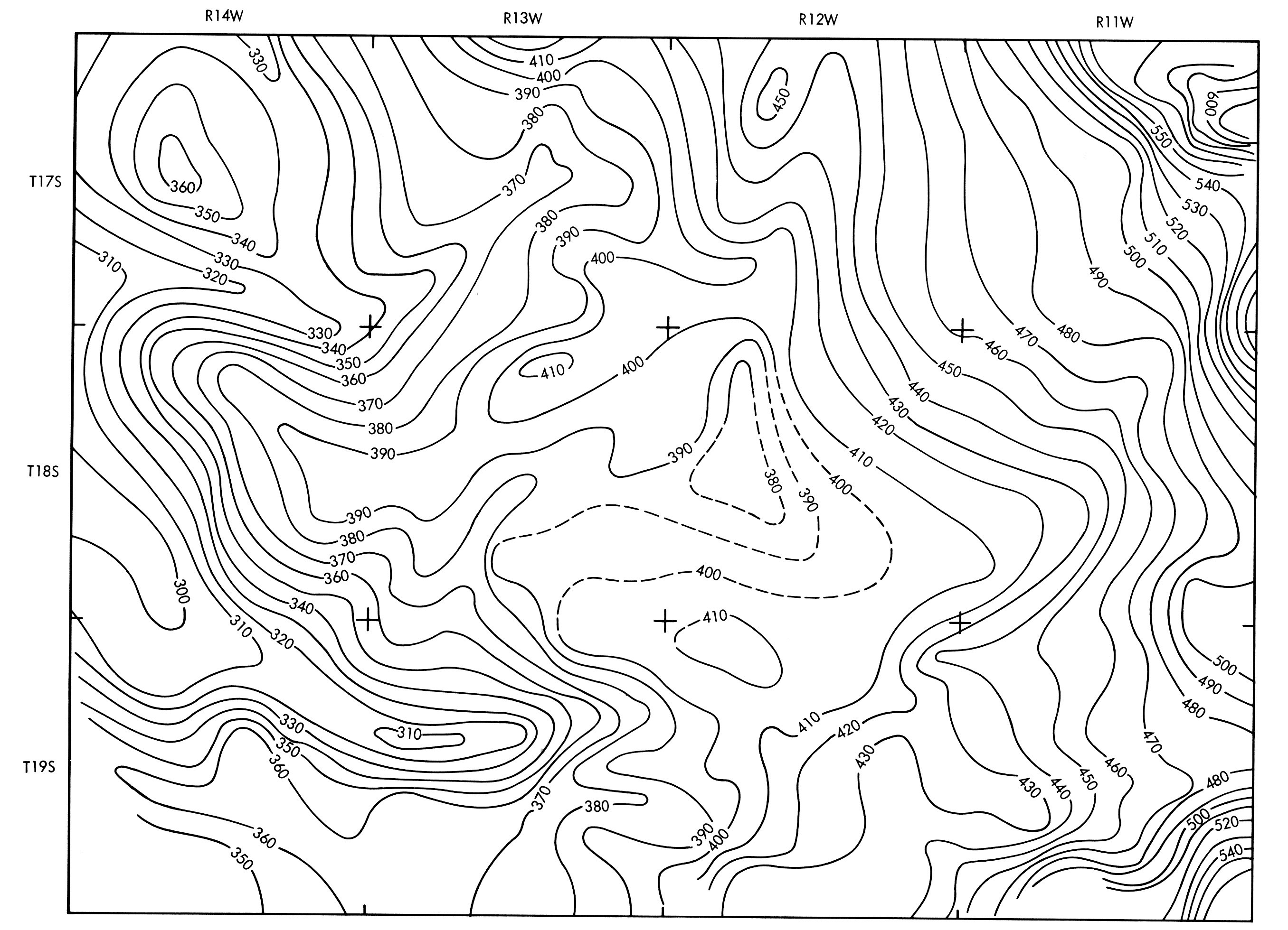 A map with contour lines on it, denoting height.