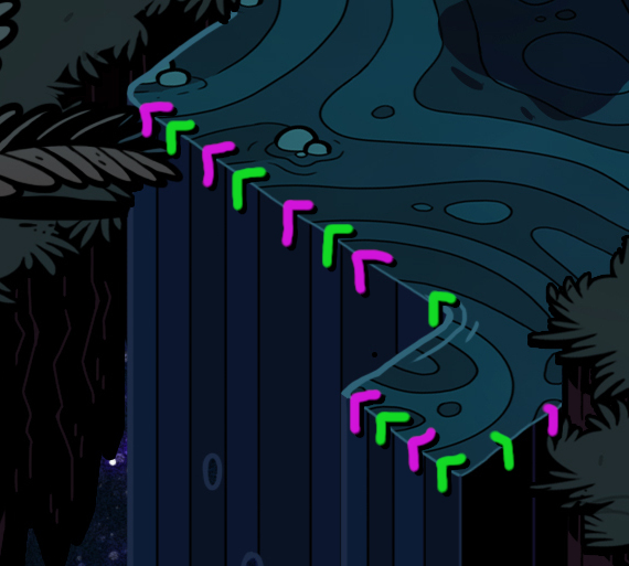 Crop of original concept art looking at just the waterfalls. The transition between bands of color on the water surface and the bands of color on waterfalls is highlighted.