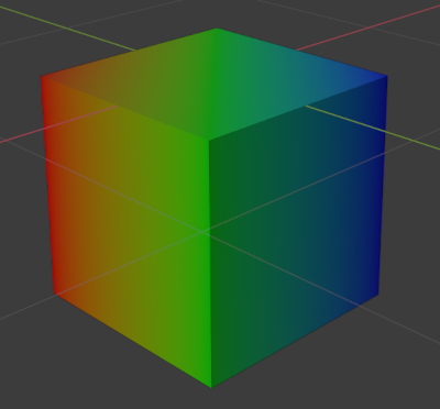 Picture of a cube in Blender. The left edge is colored red, the middle is green, and the right is blue.