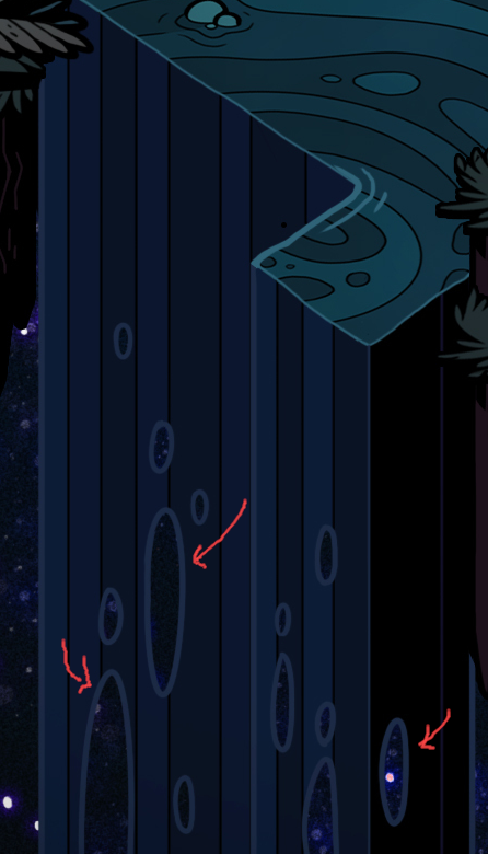 Crop of the original concept art looking at the bottom of the waterfall. Arrows point to the circles in the waterfalls.